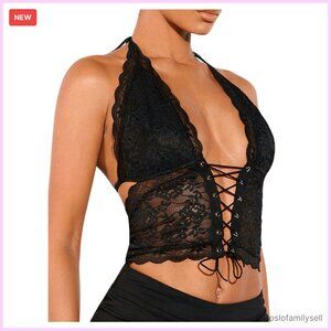 Sexy Lace Sheer Halter Corset Top Backless Crop Y2K Party Wear